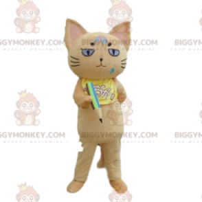 BIGGYMONKEY™ Maskottchenkostüm beige Katze mit Bleistift