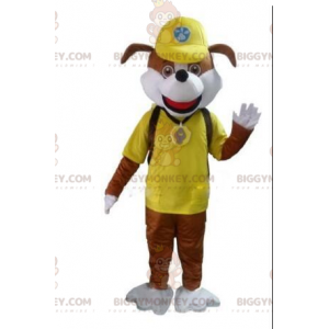 BIGGYMONKEY™ mascottekostuum van bruine hond in gele outfit