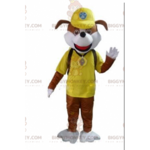 BIGGYMONKEY™ mascottekostuum van bruine hond in gele outfit