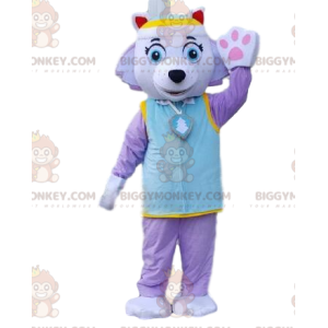 BIGGYMONKEY™ mascot costume of dog in purple outfit. Colorful