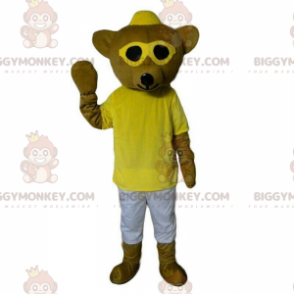 Nalle BIGGYMONKEY™ maskottiasu lasilla, keltainen karhuasu -