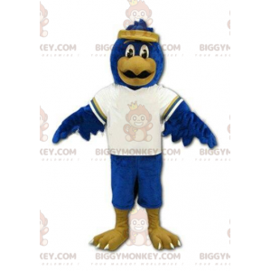 Urheilullinen kotka BIGGYMONKEY™ maskottiasu, sininen lintuasu