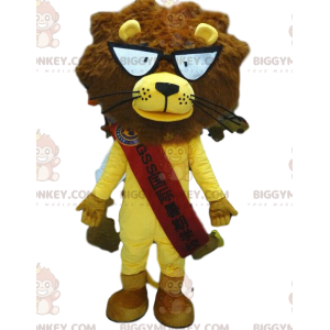 BIGGYMONKEY™ leeuw mascotte kostuum met bril, gele leeuw