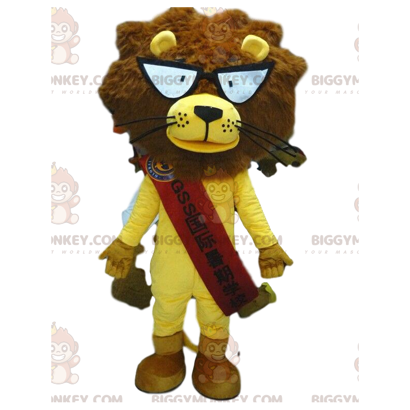 BIGGYMONKEY™ leeuw mascotte kostuum met bril, gele leeuw