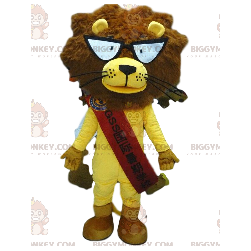 BIGGYMONKEY™ lion mascot costume with glasses, yellow lion