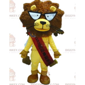 BIGGYMONKEY™ lion mascot costume with glasses, yellow lion