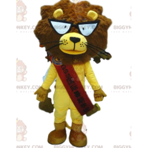 BIGGYMONKEY™ løve maskot kostume med briller, gul løve kostume