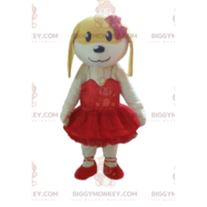 BIGGYMONKEY™ maskotdräkt gul och vit hund i rosa, hondräkt -