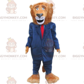 Lion BIGGYMONKEY™ Mascot Costume Dressed in Blue Suit, Stylish