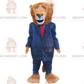 Traje de mascote de leão BIGGYMONKEY™ vestido com terno azul