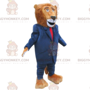 Traje de mascote de leão BIGGYMONKEY™ vestido com terno azul