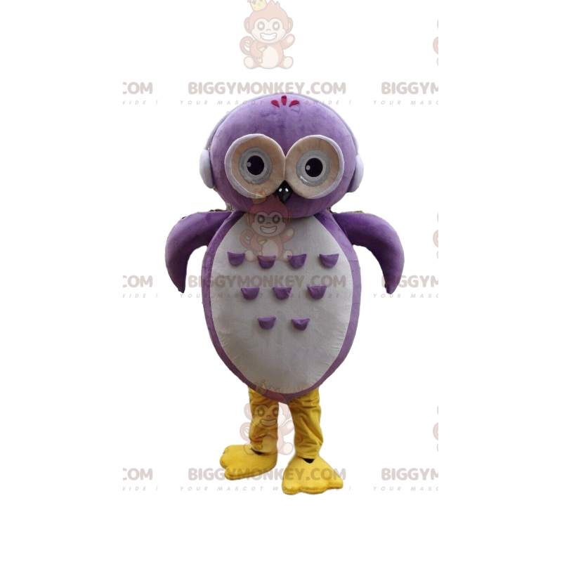 Costume de mascotte BIGGYMONKEY™ de hibou violet et blanc avec