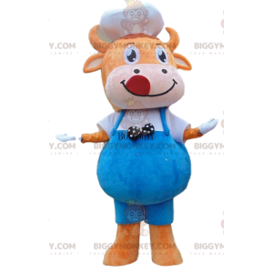 Orange Cow BIGGYMONKEY™ Mascot Costume with Overalls and Hat –