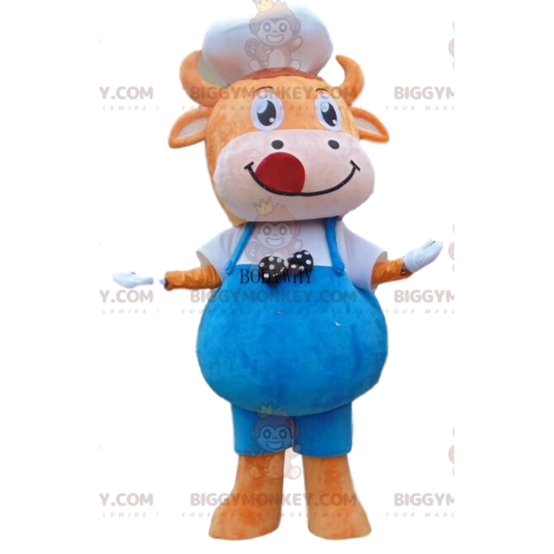 Orange Cow BIGGYMONKEY™ Mascot Costume with Overalls and Hat -