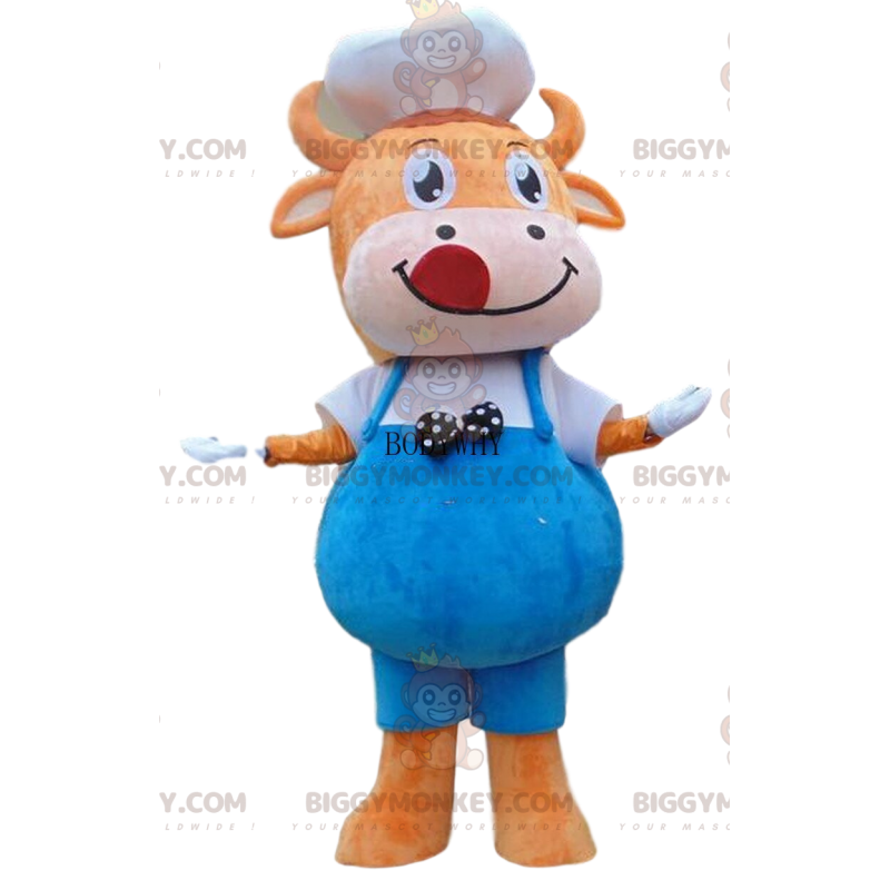 Orange Kuh BIGGYMONKEY™ Maskottchen-Kostüm mit Overall und Hut