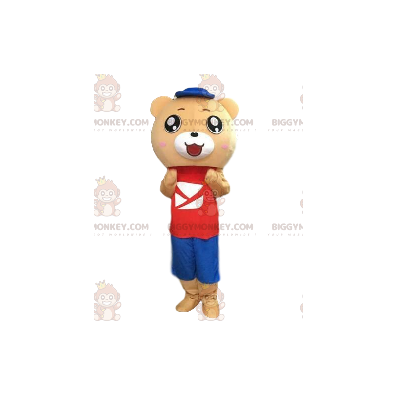 Costume beige colored teddy bear in colorful outfit –