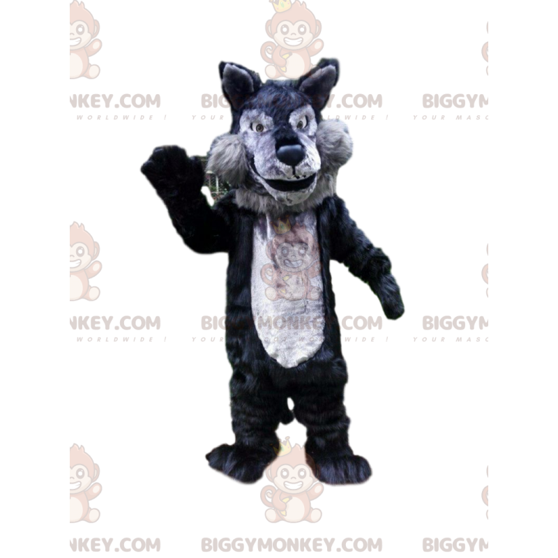 Traje de mascote BIGGYMONKEY™ de lobo cinza e preto, fantasia