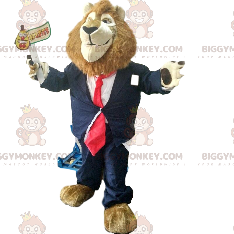 Leeuw BIGGYMONKEY™ mascottekostuum met stropdas kostuum, chique
