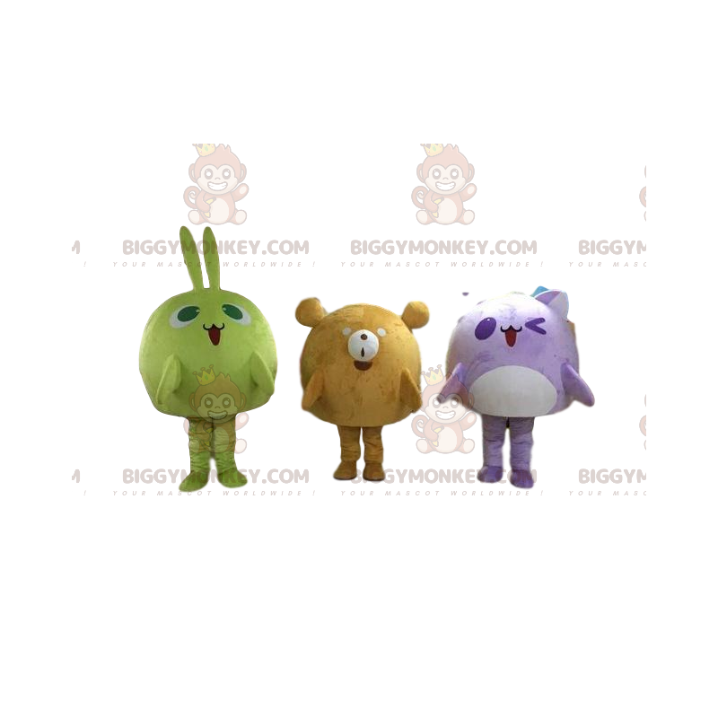 3 mascottes BIGGYMONKEY™, un lapin, un ours et un chat, colorés