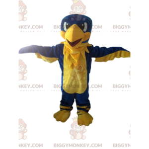 Traje de mascote BIGGYMONKEY™ Águia amarela e azul, pássaro