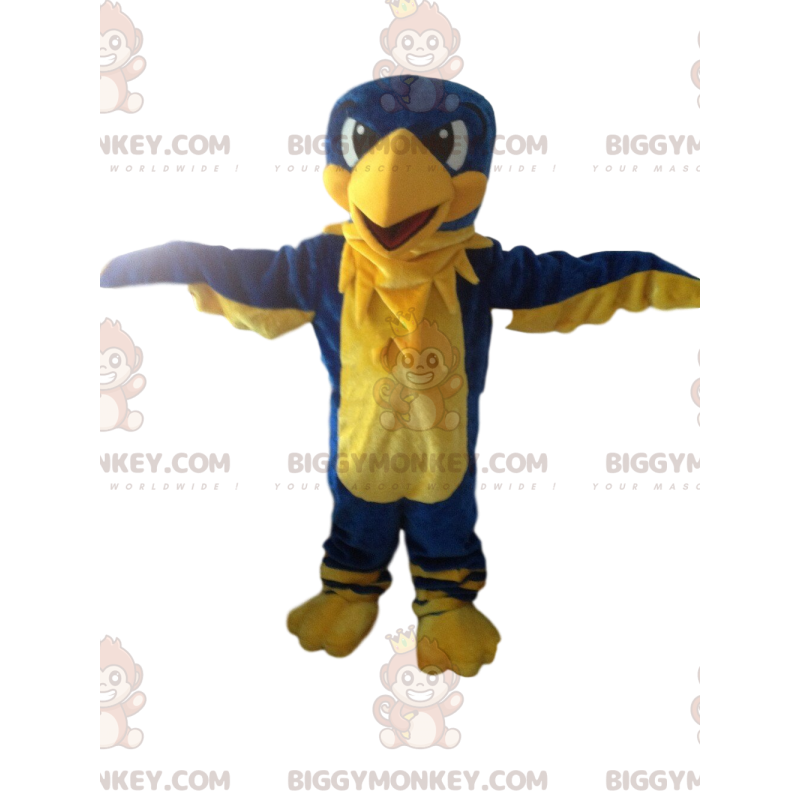 Costume de mascotte BIGGYMONKEY™ d'aigle jaune et bleu, oiseau