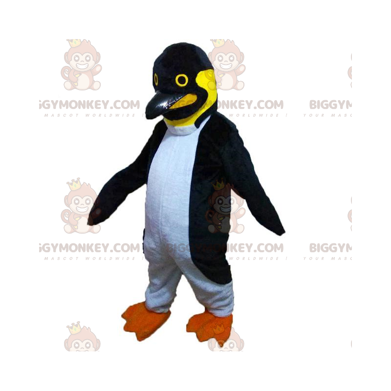 BIGGYMONKEY™ maskot kostume sort hvid og gul pingvin, pingvin