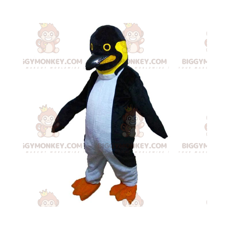 Traje de mascote BIGGYMONKEY™ pinguim preto branco e amarelo