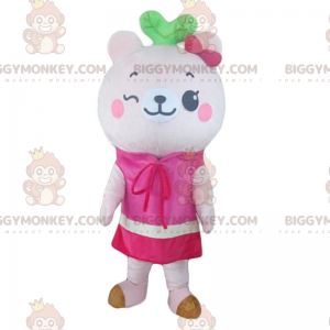 Weißer Teddy BIGGYMONKEY™ Maskottchen-Kostüm, rosa