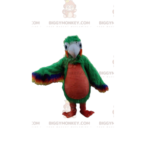 Traje de mascote BIGGYMONKEY™ de papagaio verde e vermelho