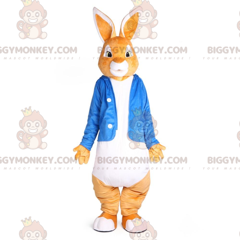 Orange och vit kanin BIGGYMONKEY™ maskotdräkt med blå jacka -