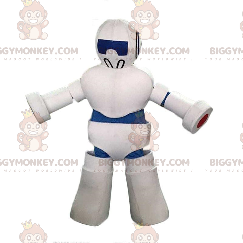 Gigantische witte en blauwe robot BIGGYMONKEY™ mascottekostuum