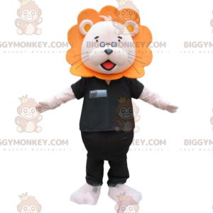 BIGGYMONKEY™ maskottiasu, valkoinen ja oranssi leijona mustalla