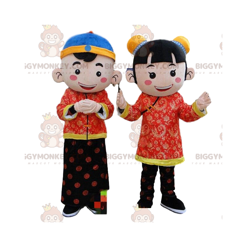 Mascote de 2 personagens asiáticos BIGGYMONKEY™s, traje da Ásia
