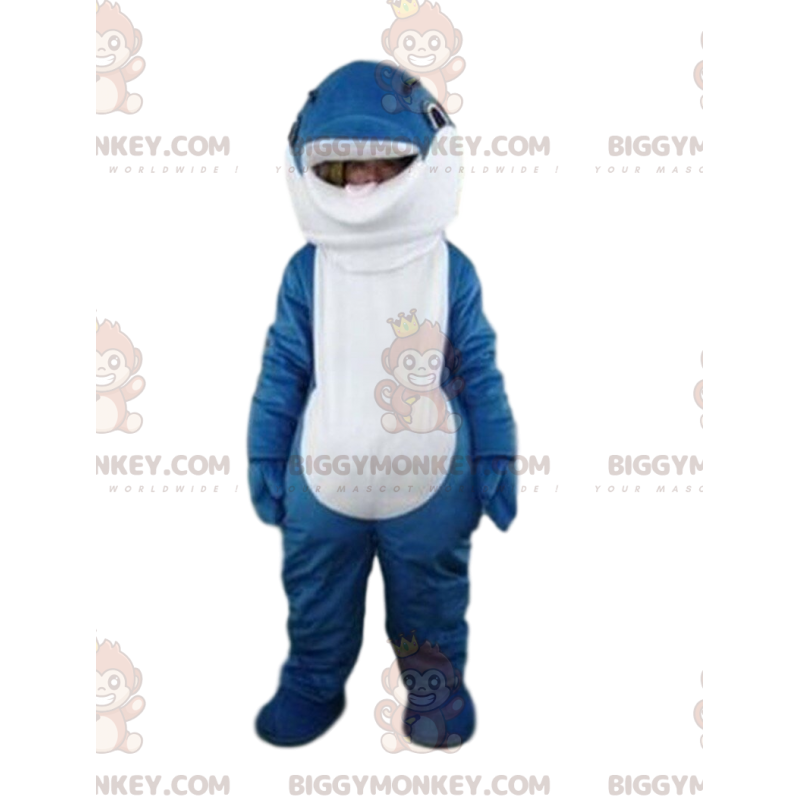 Κοστούμι μασκότ Μπλε και Λευκό Δελφινάκι BIGGYMONKEY™, πλήρως