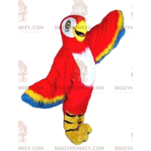 Traje de mascote BIGGYMONKEY™ Papagaio vermelho, amarelo e