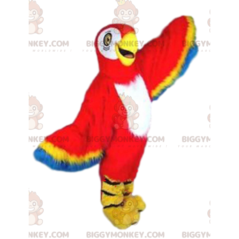Costume de mascotte BIGGYMONKEY™ de perroquet rouge, jaune et