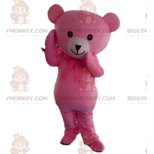 BIGGYMONKEY™ maskot kostume pink og hvid bamse, pink bjørn