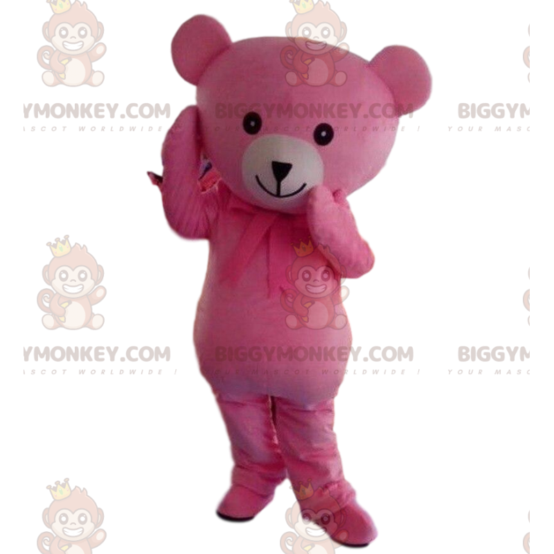 BIGGYMONKEY™ maskot kostume pink og hvid bamse, pink bjørn