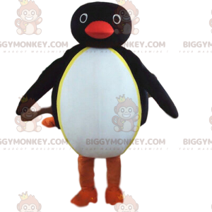 Traje de mascote de pinguim preto e branco gorducho e engraçado