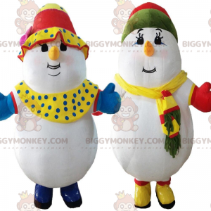 2 bonshommes de neige colorés, mascotte BIGGYMONKEY™ d'hiver -