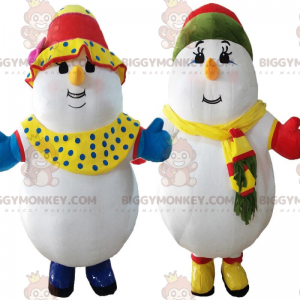 2 colorful snowmen, BIGGYMONKEY™s winter mascot –