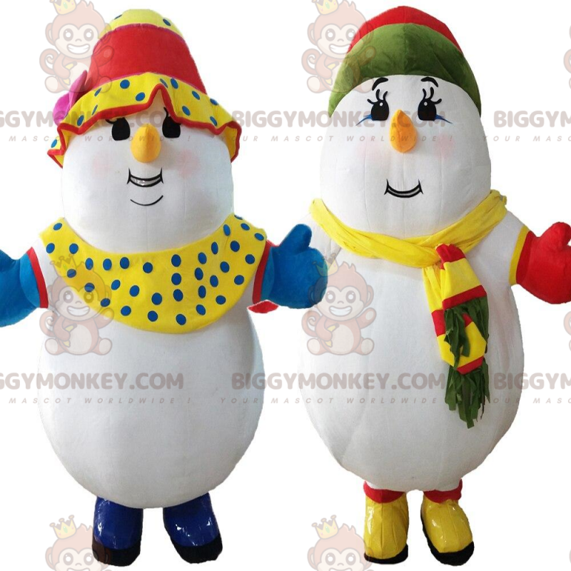 2 bonshommes de neige colorés, mascotte BIGGYMONKEY™ d'hiver -