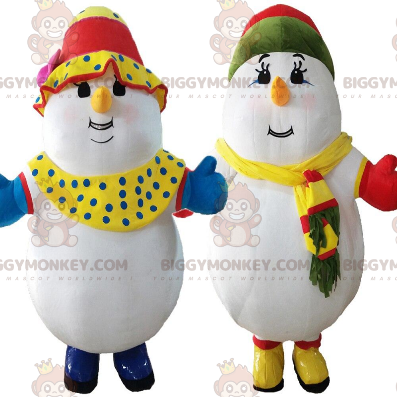 2 colorful snowmen, BIGGYMONKEY™s winter mascot –