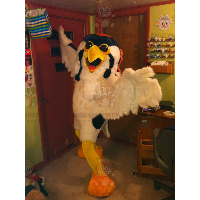 Costume de mascotte BIGGYMONKEY™ de hiboux d'oiseau blanc jaune