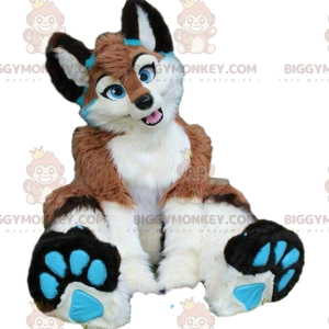 Στολή μασκότ BIGGYMONKEY™ Giant Furry Brown, White & Blue Fox -