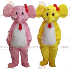 2 elefanti mascotte di BIGGYMONKEY™, uno giallo e uno rosa. 2