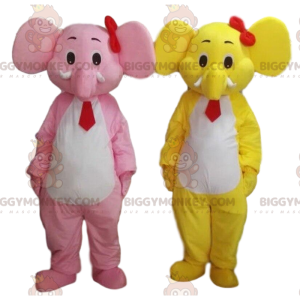 Duo de mascottes BIGGYMONKEY™ d'éléphants, un jaune et un rose.