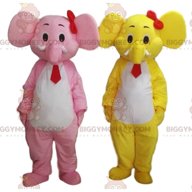 2 elefanti mascotte di BIGGYMONKEY™, uno giallo e uno rosa. 2