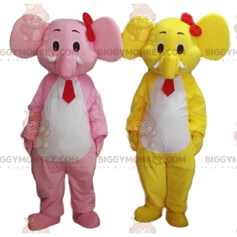 Duo de mascottes BIGGYMONKEY™ d'éléphants, un jaune et un rose.