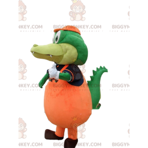 Kostým maskota BIGGYMONKEY™ zeleného krokodýla v oranžovém